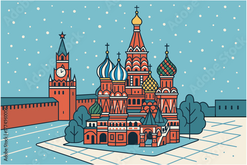 Whimsical winter scene of saint basil's cathedral with snowy red square background