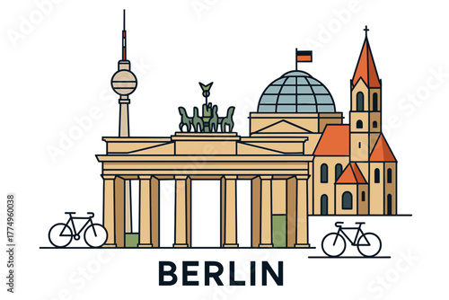 Berlin iconic landmarks line art featuring brandenburg gate and reichstag