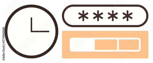 Clock with minimal hands, password input field with hidden characters, and progress bar. Ideal for deadlines, productivity, security, authentication, loading technology time management. Simple flat