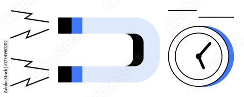 Magnet pulling energy lines toward a clock implies attracting productivity, focus, and time efficiency. Ideal for productivity, workflow, focus, energy, planning, time optimization simple flat