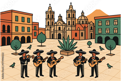 Mariachi band performing in historic mexican plaza with colonial architecture