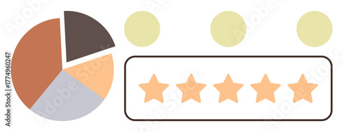Segment pie chart beside five-star rating and neutral circular icons. Ideal for analytics, feedback, reviews, performance metrics, customer satisfaction, surveys, data insights. Simple flat metaphor