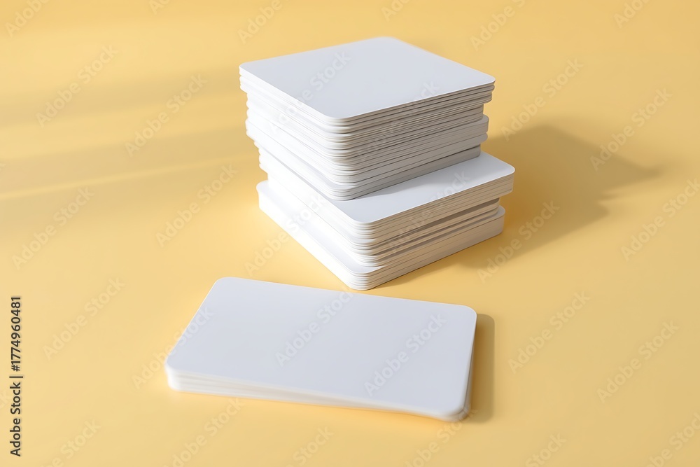 Fototapeta premium Generative AI blank cards in stacks and single on yellow background.
