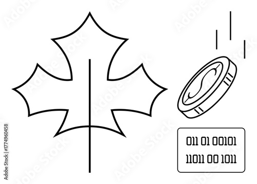 Maple leaf, binary code, and coin symbolizing digital economy, technology, eco-innovation, Canadian financial systems. Ideal for fintech, blockchain, sustainability innovation environment finance