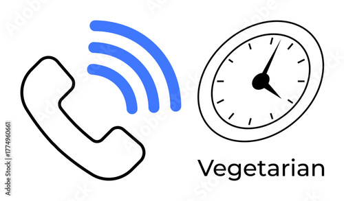 Telephone receiver with blue sound waves, analog clock, and text Vegetarian. Ideal for customer service, time management, dietary habits, lifestyle branding, communication, scheduling food