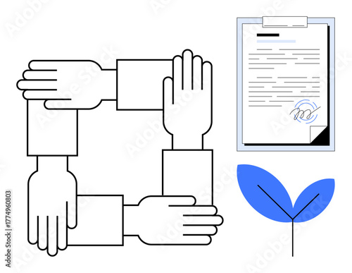 Interlocked hands forming a square paired with a signed document and leaf. Ideal for teamwork, partnership, contract, sustainability, collaboration, ethical business, agreement. A simple flat