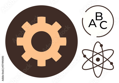 Gear icon, atomic structure, and alphabet elements symbolize learning, innovation, science, and progress. Ideal for education, STEM, technology mechanics analysis collaboration and discovery