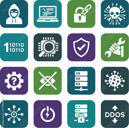 Modern Flat Design Cyber Security Icon Set with Rounded Square Shape