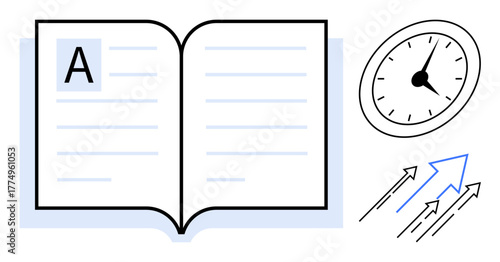 Open book with outlines of lines and letter A, clock showing time, arrows moving upwards. Ideal for education, time management, personal growth, productivity, knowledge, success simple flat metaphor
