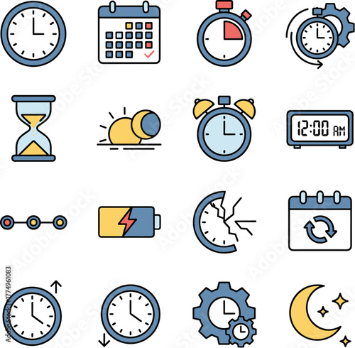 Creative Flat Design Time Management Icon Set with Outline Style
