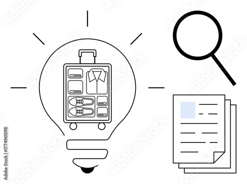 Light bulb outlining a suitcase with neatly packed items, magnifying glass, and documents. Ideal for travel tips, organization, efficiency, planning, exploration, productivity simple flat metaphor