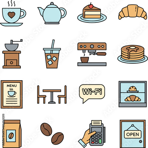 Flat Style Cafe and Bakery Element with Line Icons Set Illustration