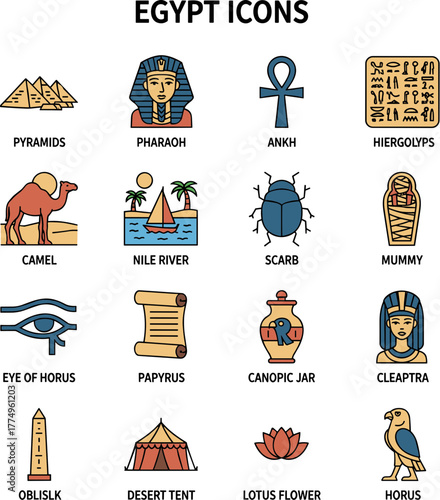 Colorful Outline Egypt Element Icon Set Illustration with Hieroglyphs