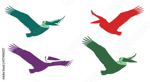 Colorful silhouettes of four birds in flight against a white background