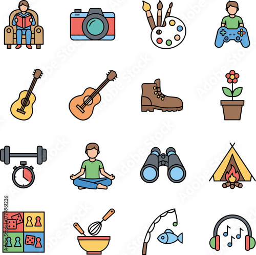 Colorful Outlined Hobby and Leisure Activities Flat Design Icon Set