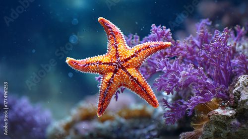 Fototapeta Naklejka Na Ścianę i Meble -  Close up of underside of vibrant orange sea star crawling across aquarium glass in coral reef tank showcasing marine life texture patterns movement and underwater ecosystem detail