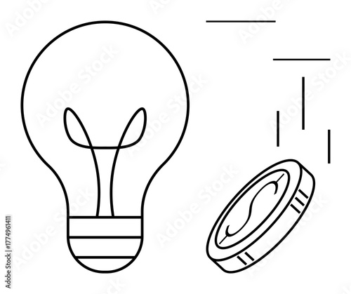 Light bulb paired with a falling coin suggesting innovation, financial investment, and idea generation. Ideal for creativity, finance, technology, energy, entrepreneurship profit saving. A simple