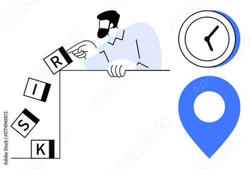 Man preventing domino effect with cube blocks spelling risk, alongside blue clock and location marker. Ideal for risk management, time management, decision-making, strategy, planning