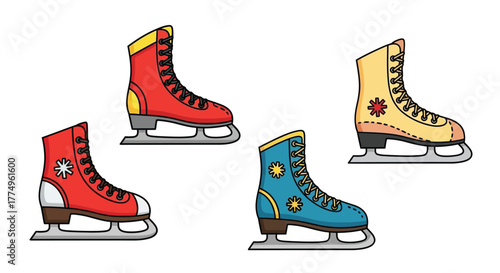 Colorful illustration of four ice skates with detailed floral designs