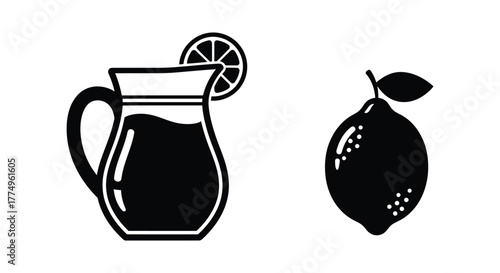 Simple black and white illustration of lemonade pitcher and a lemon