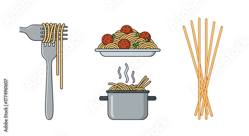 Illustration of pasta meatballs cooking pot and serving utensils