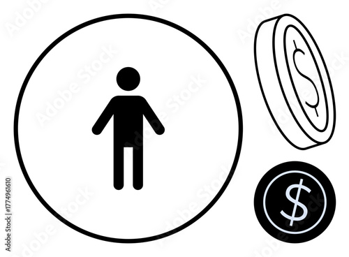 Central person icon encircled by a circle, adjacent to coin icons. Ideal for economy, monetization, personal finance, financial planning, wealth management, investment. Simple flat metaphor