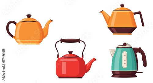 Collection of colorful vintage and modern teapots and kettles displayed