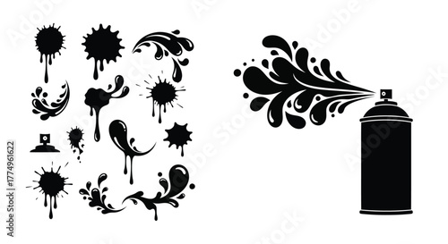 Black spray paint splashes drips and a can design element set
