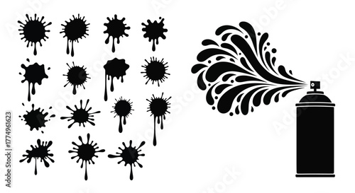 Various black spray paint splatters and a can in action design