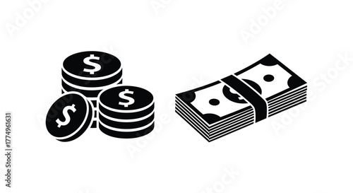 Stacks of money coins and bundled bank notes illustration