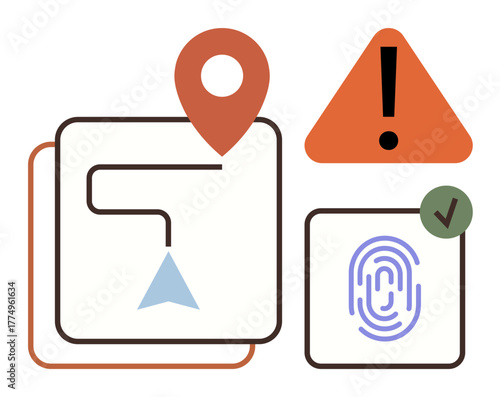Map pointer, navigation path, fingerprint with verification mark, warning triangle. Ideal for navigation, security, authentication, alert access identification minimalism. Simple flat metaphor