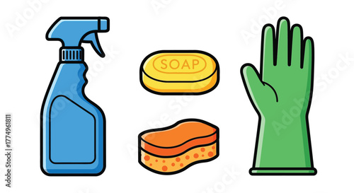 Cleaning supplies including spray bottle soap sponge and protective glove