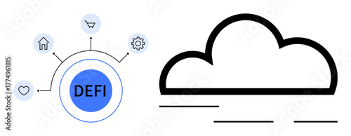 Decentralized finance hub linked to icons for home, gear, shopping, heart. Adjacent cloud silhouette suggests digital communication. Ideal for fintech, blockchain, connectivity innovation. Clear