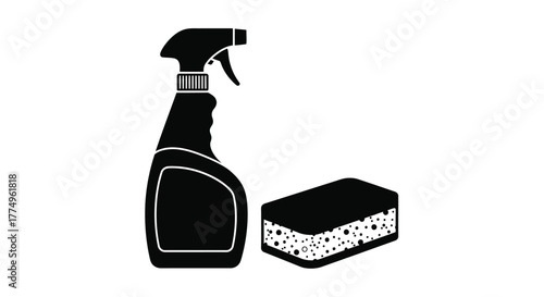 Black and white illustration of a spray bottle and cleaning sponge