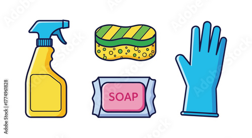 Cleaning supplies including spray bottle sponge gloves and soap illustration