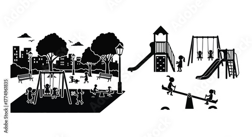 Black and white illustration depicts a vibrant playground scene with children