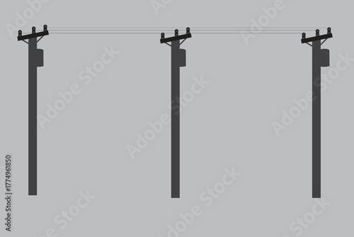 A flat vector illustration of three silhouette utility poles with connecting power lines representing electricity infrastructure