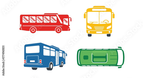 Colorful illustrations depicting various perspectives of public transportation buses