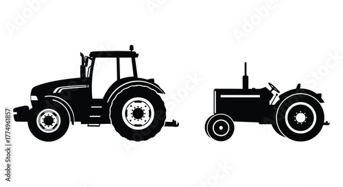 Black silhouette depictions of two different agricultural tractors side by side
