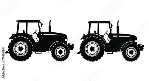 Two identical black and white silhouettes of modern agricultural tractors
