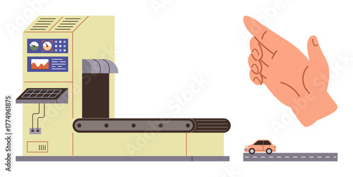 Machine with conveyor belt and control panel creating mini car as large hand oversees. Ideal for manufacturing, automation, quality control, innovation, supervision, efficiency, industrial processes