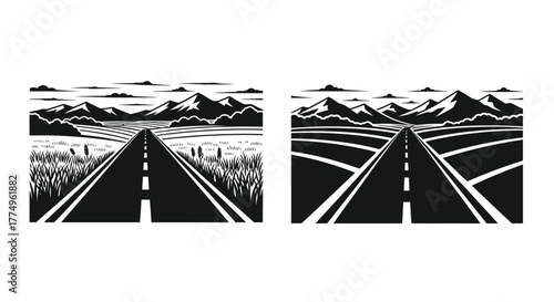 A long straight road leads toward distant mountains in monochrome style