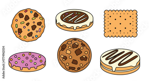 Colorful cartoon illustration of various cookies and biscuit treats displayed