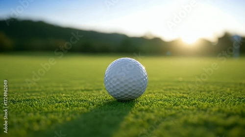Majestic golf ball rests on lush green fairway at sunrise, inspiring a perfect game.