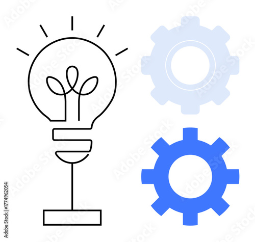 Light bulb with sprouting leaves paired with two gears suggesting growth, innovation, and collaboration. Ideal for sustainability, creativity, teamwork, problem-solving, engineering, business