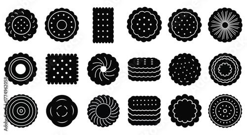 A collection of various black and white circular cookie designs