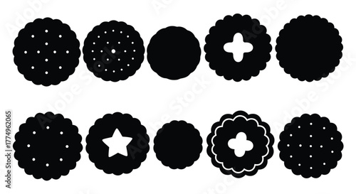Black and white illustration of different patterned circular cookies arranged neatly