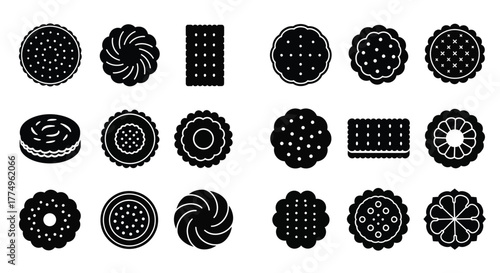 A collection of different black and white cookie designs in a layout