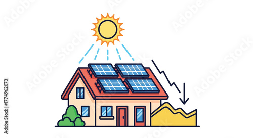 Solar panels on a house roof generating energy from sunlight