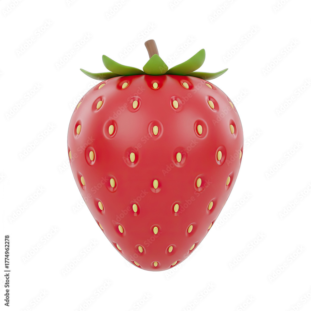 Obraz premium A Single Red Strawberry Fruit With Green Leaves and Yellow Seeds On Its Surface Isolated On A Transparent Background With Soft Lighting